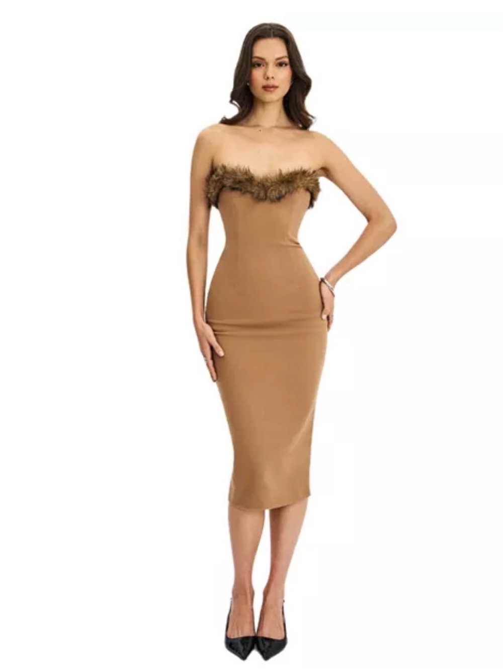 NWT Miss Circle Rayanne Chestnut Faux Fur Strapless Maxi Dress Medium